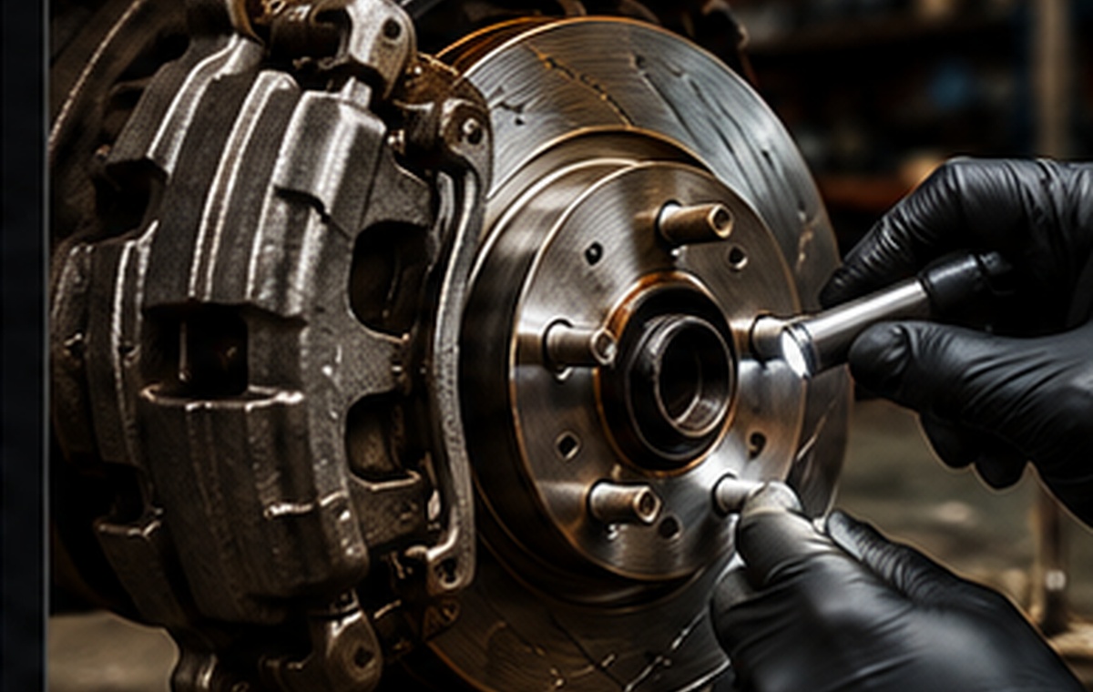 Technician performing a brake inspection